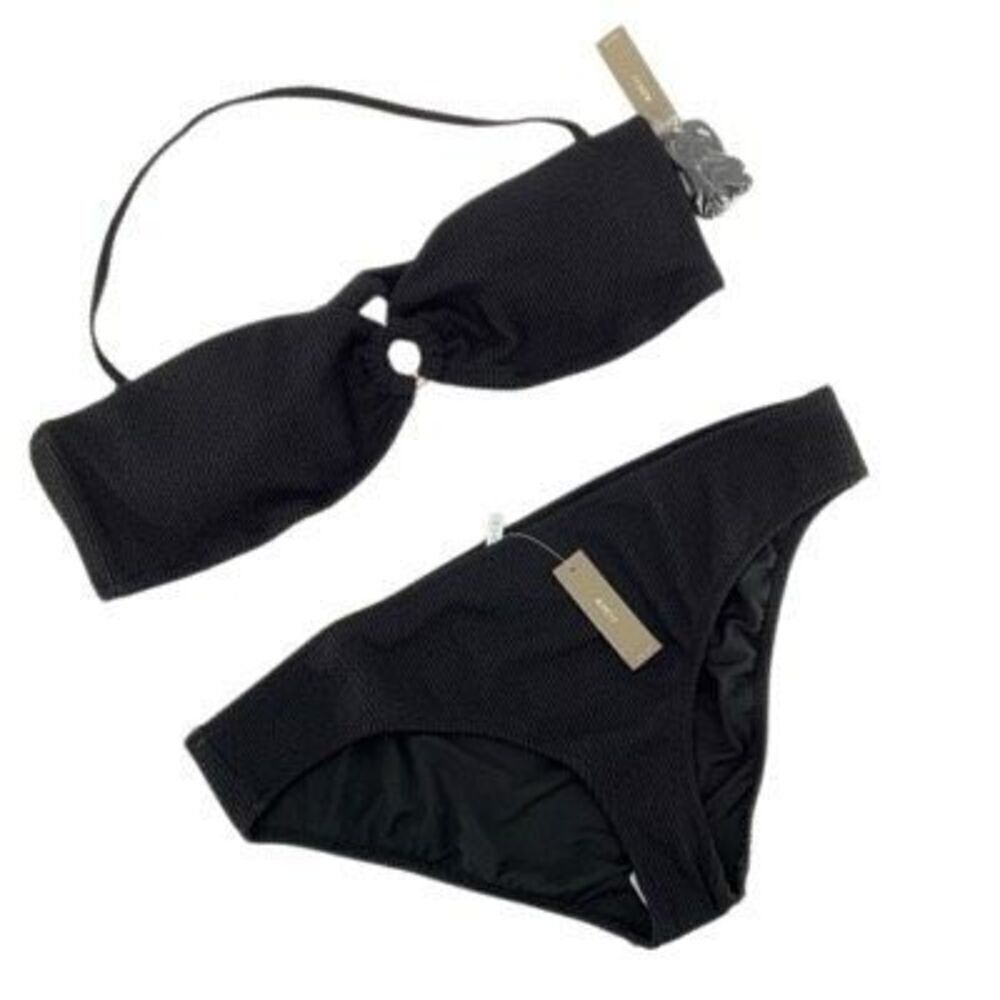 J. Crew Black Heritage Textured O-Ring Bandeau Bikini Top Bottom Set Size 2X NWT